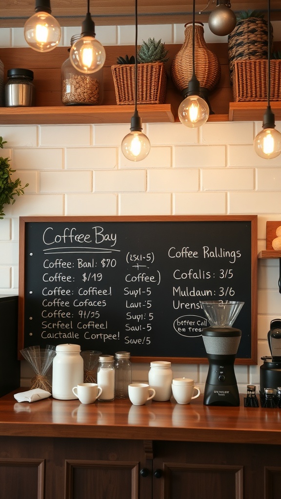 A coffee bar featuring a chalkboard menu with daily specials and coffee options.