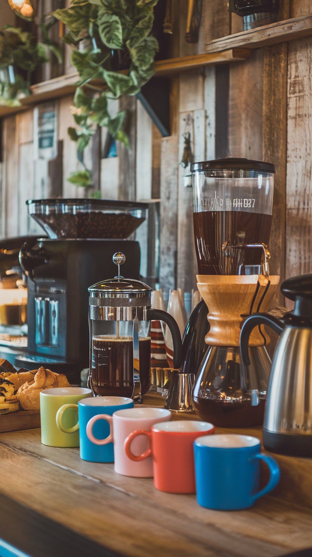 Colorful mugs displayed on a coffee bar with coffee equipment and pastries.