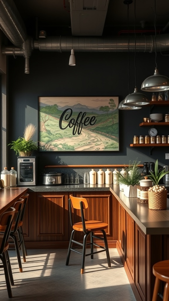 A stylish coffee bar featuring custom artwork, wooden shelves, and a cozy seating area.