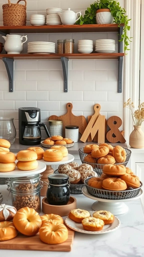 A cozy kitchen coffee bar featuring fresh baked goods and coffee equipment.