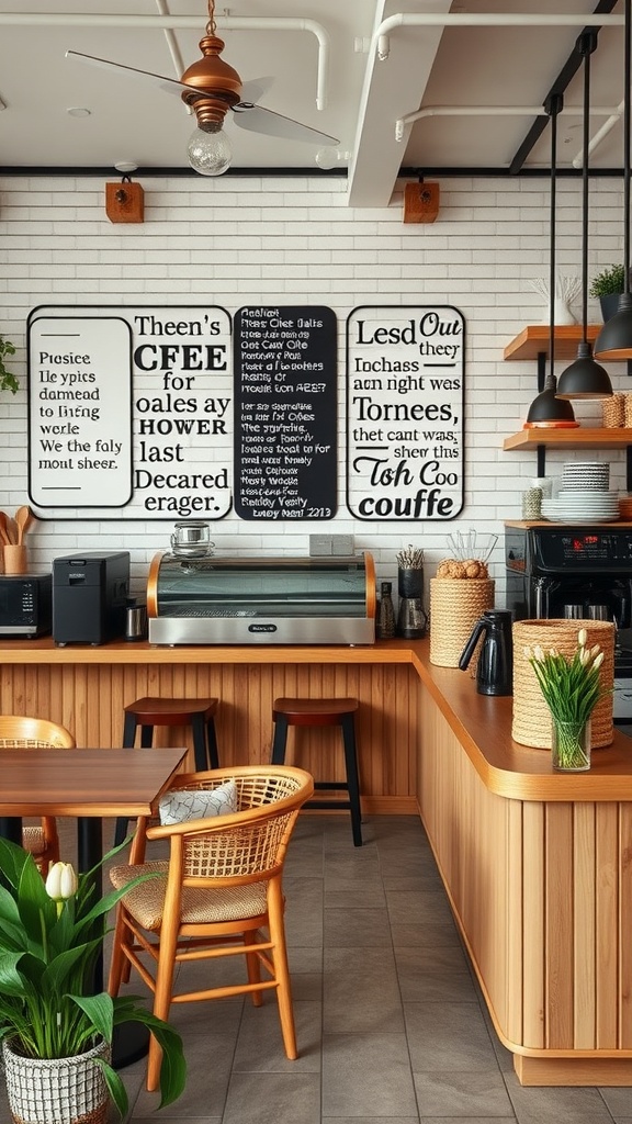 A stylish coffee bar featuring inspirational quotes on the wall, with a coffee machine and wooden countertop.
