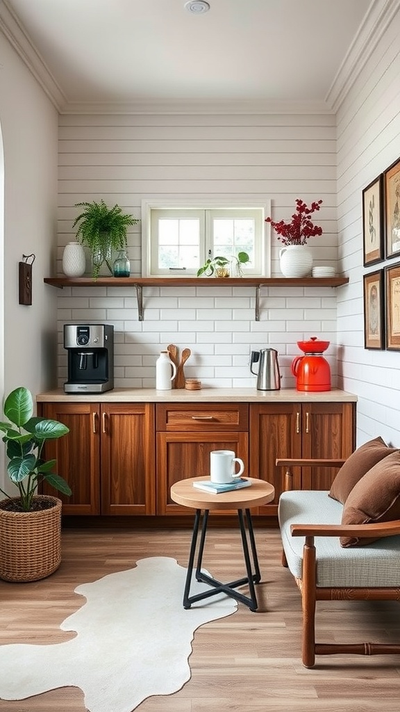 A cozy kitchen coffee bar featuring wooden cabinets, a coffee machine, and decorative plants.