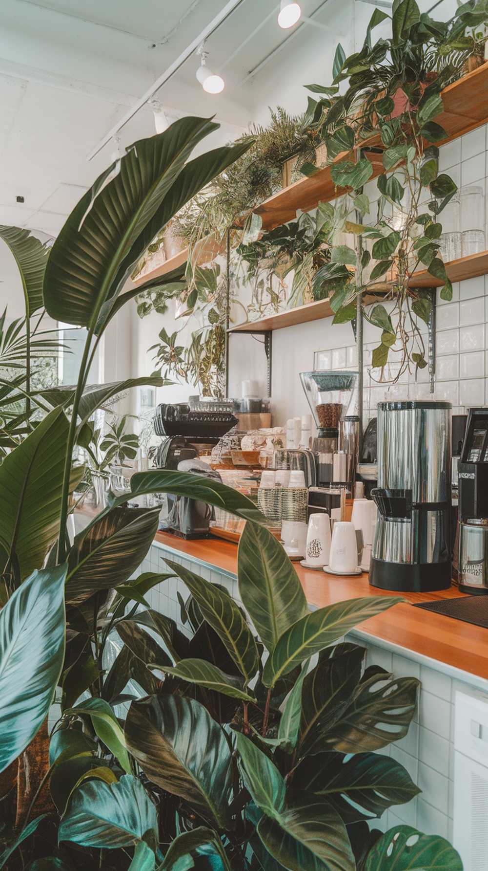 A coffee bar setup with various coffee machines and lush green plants.