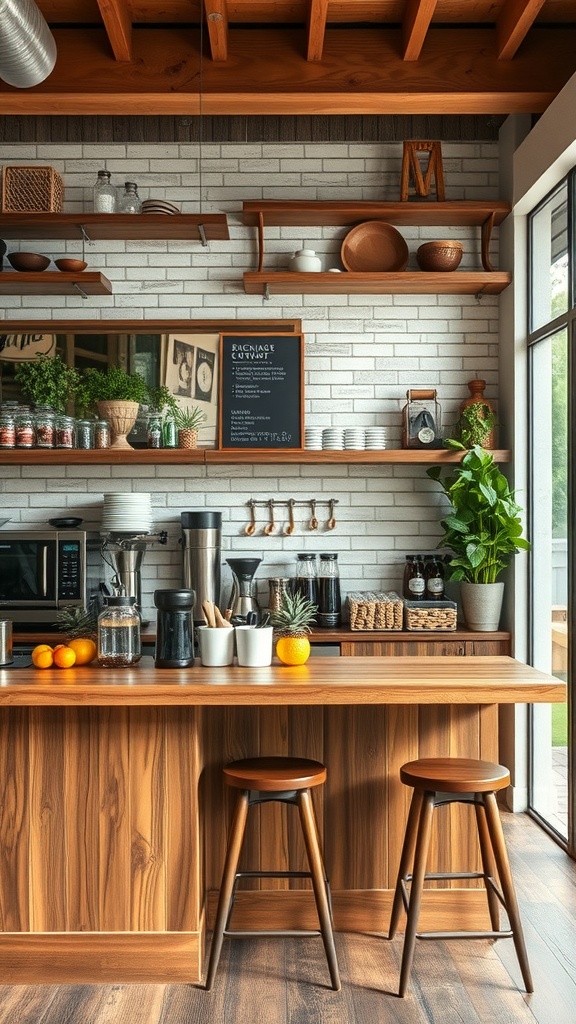 A stylish kitchen coffee bar featuring reclaimed wood accents, open shelving, and modern appliances.