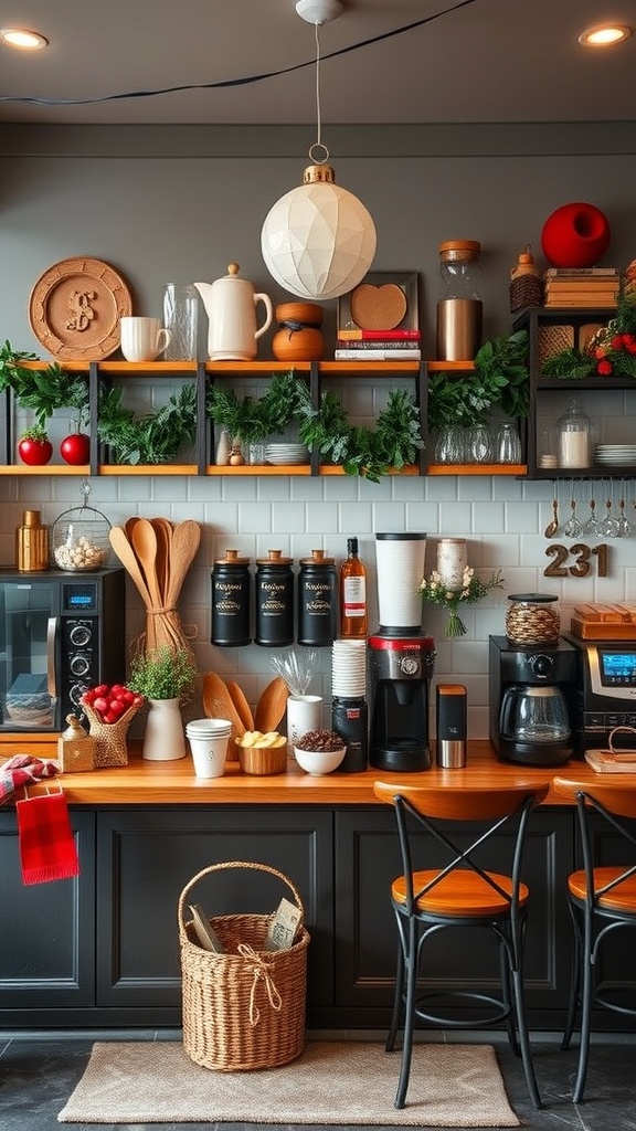 A cozy coffee bar decorated with seasonal elements, featuring shelves with mugs, coffee machines, and festive decor.