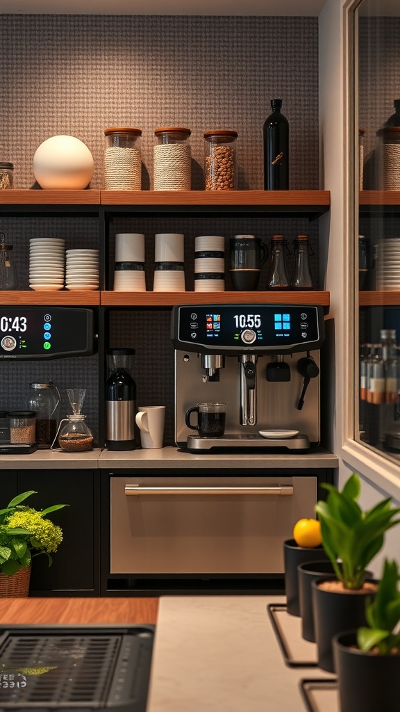 Modern coffee bar setup with smart technology and stylish organization.