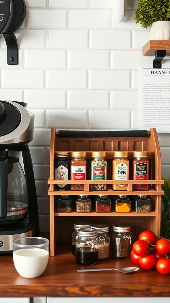 A cozy coffee bar setup featuring a coffee maker, spice rack, and decorative jars.