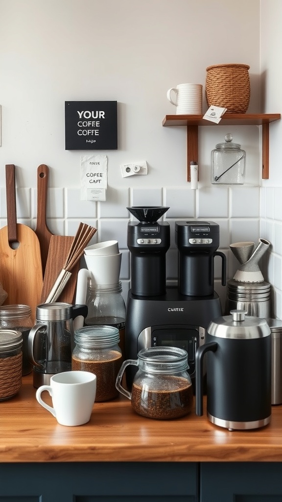A cozy coffee bar setup featuring various coffee accessories, jars, and a coffee maker on a wooden countertop.