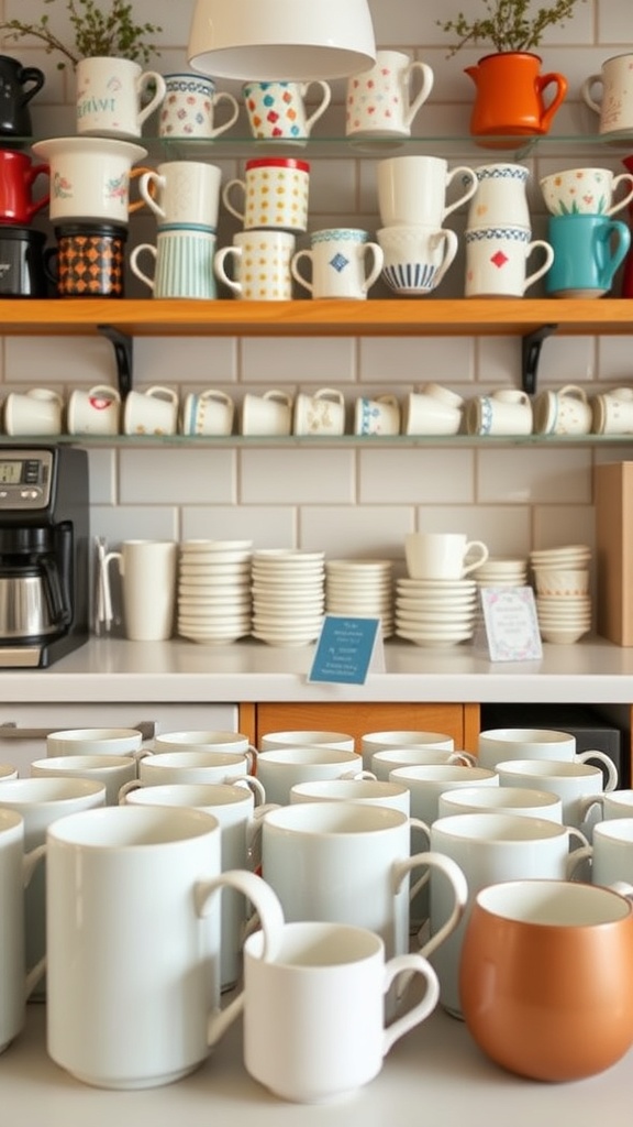 A collection of unique mugs displayed on shelves above a coffee machine.