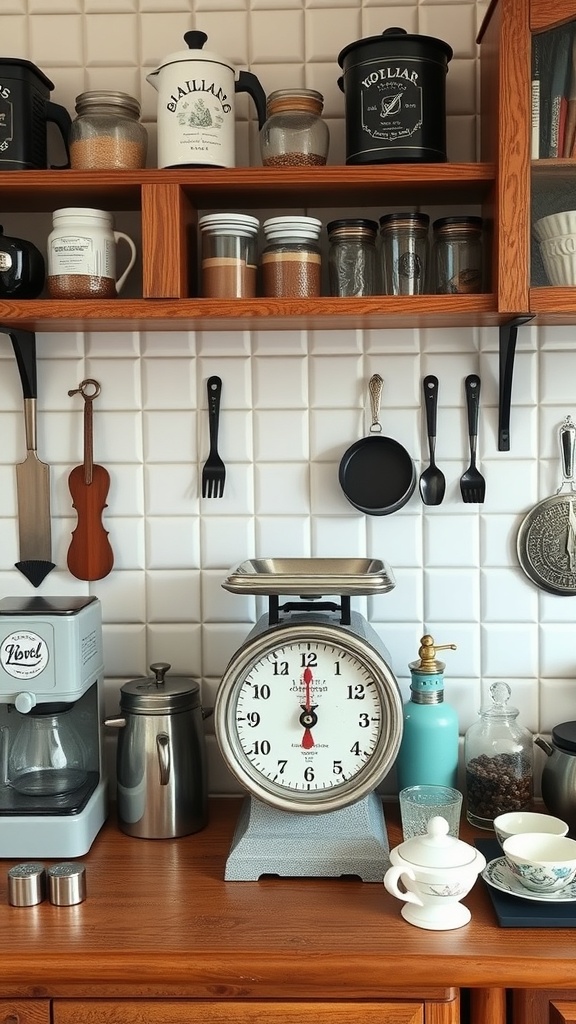 A vintage scale with coffee beans on a wooden countertop, surrounded by coffee accessories.