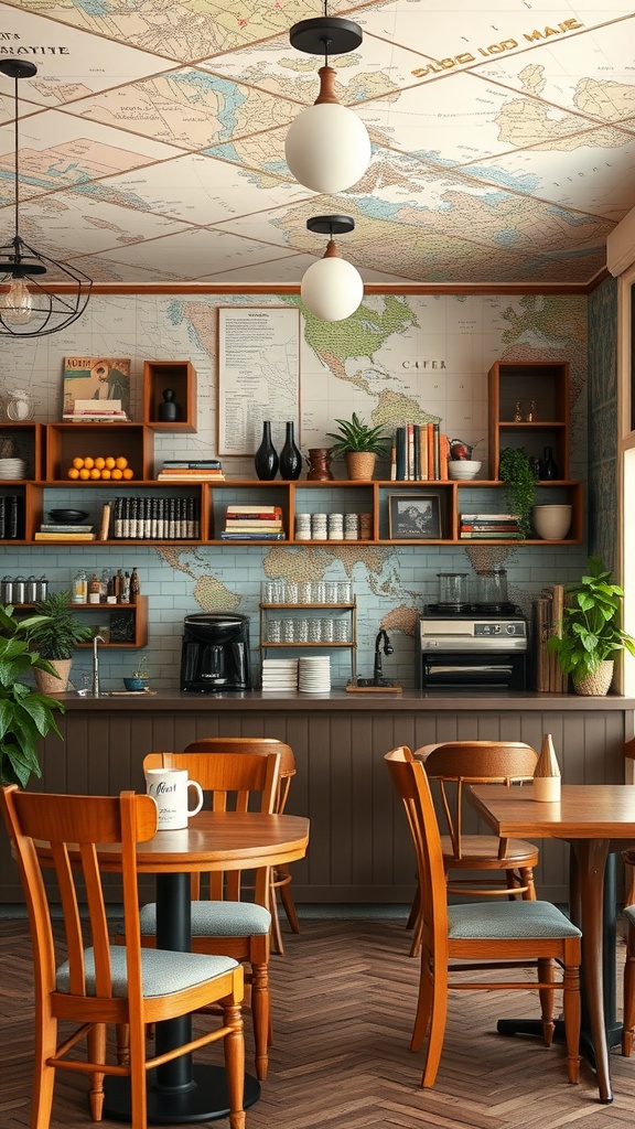 A cozy coffee bar with vintage travel decor, featuring maps on the walls and rustic wooden shelves.