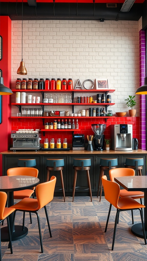 A colorful coffee bar with bold accents, featuring shelves of coffee ingredients and modern appliances.