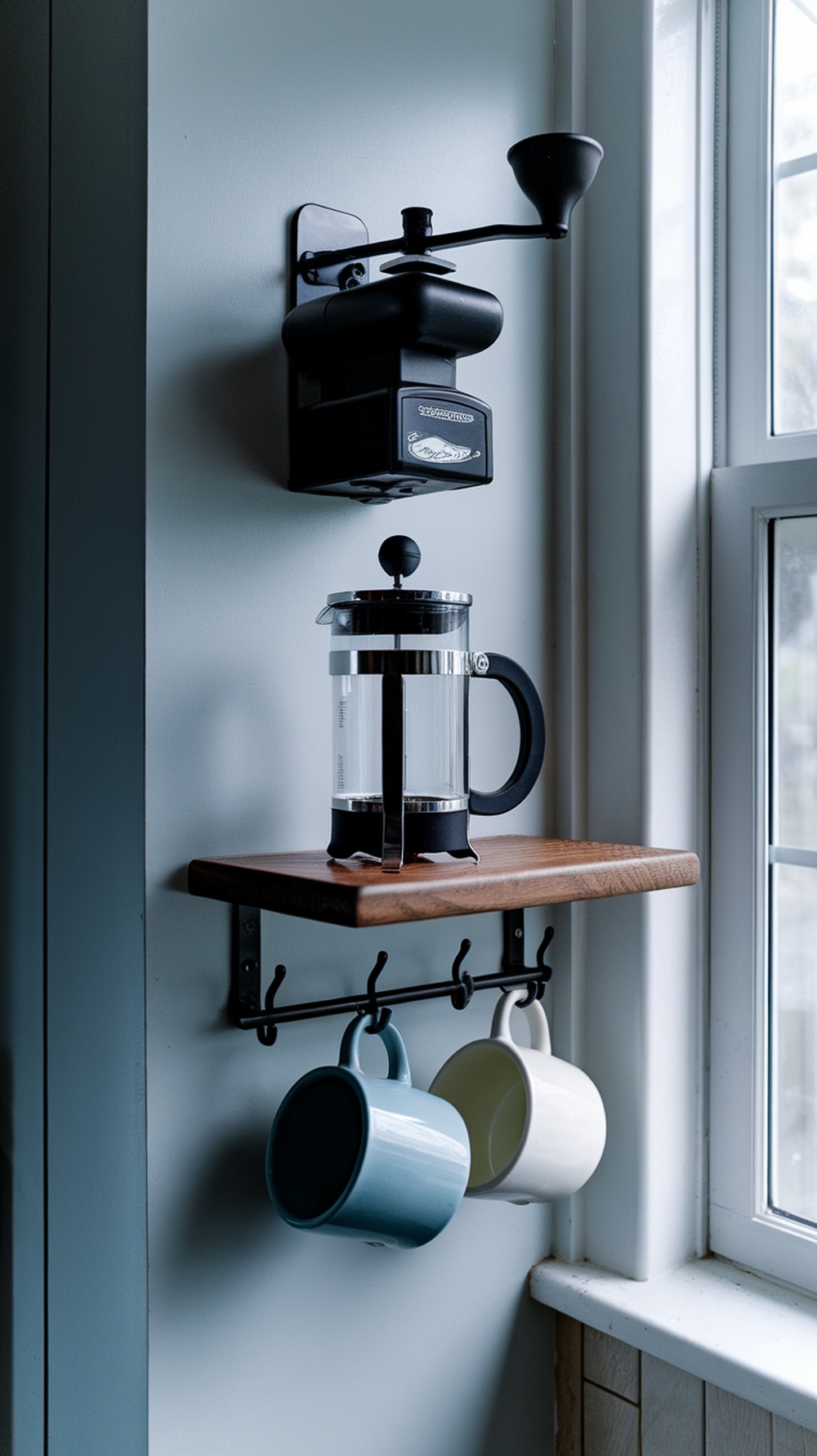 A compact coffee station with a wall-mounted grinder, a French press, and hanging mugs.