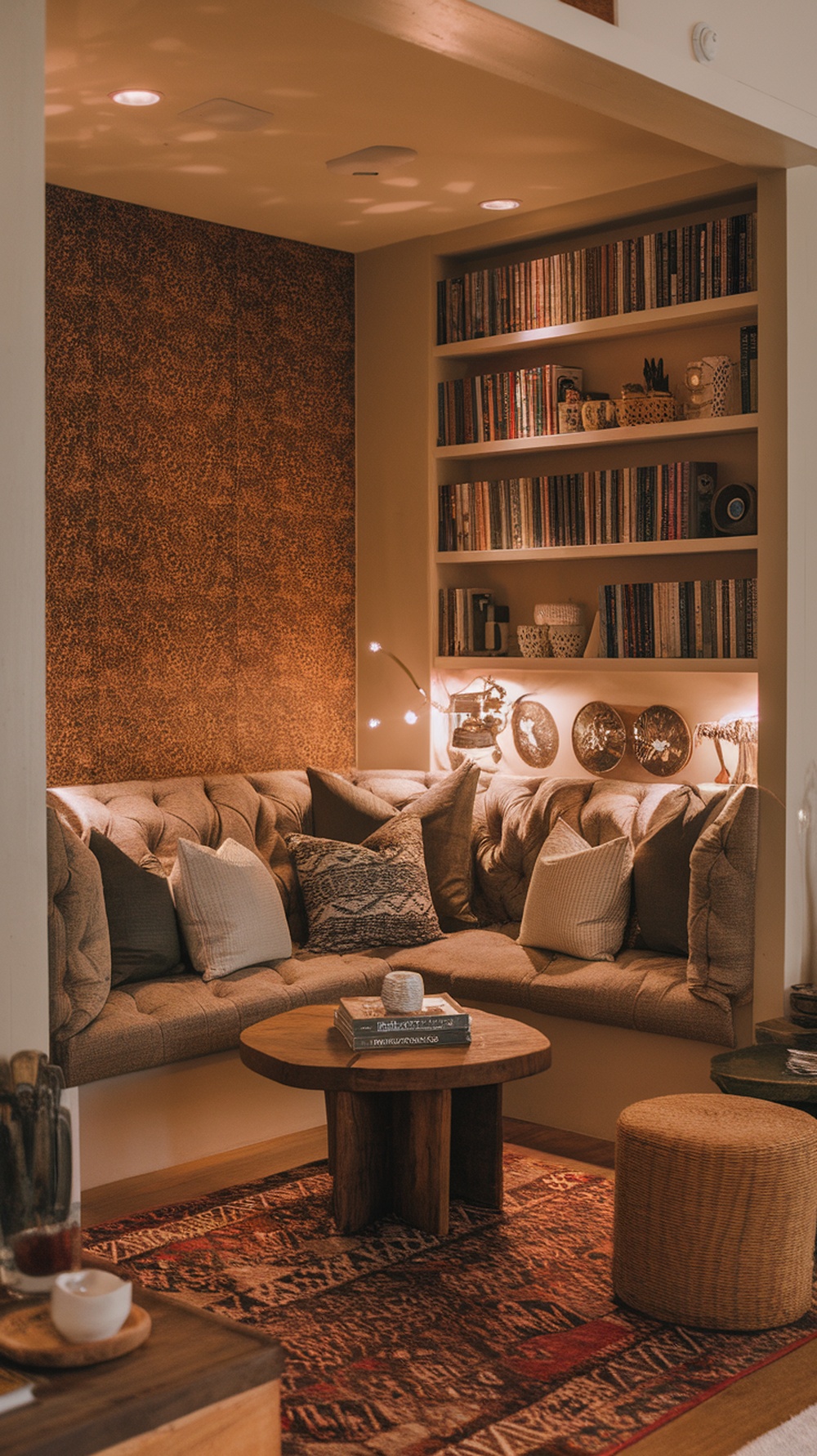 A cozy corner coffee nook with plush seating, a wooden coffee table, and decorative shelves.