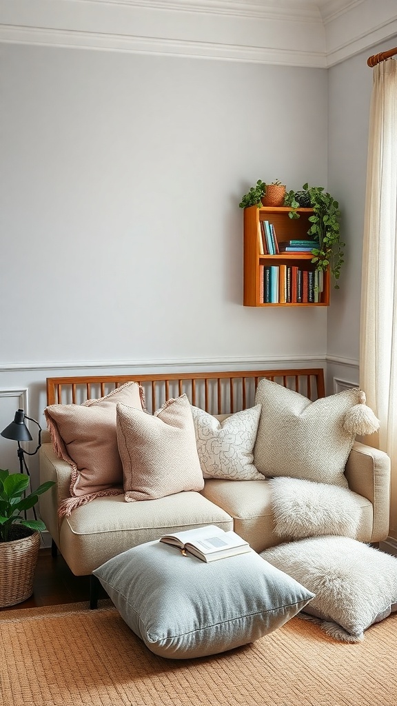 A cozy corner with a sofa, pillows, and a small bookshelf, creating a warm atmosphere.