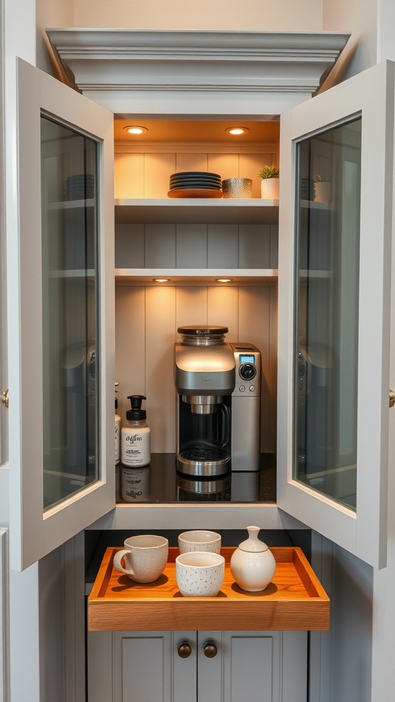 Cozy corner coffee station cabinet with frosted-glass doors, featuring a coffee maker and mugs.