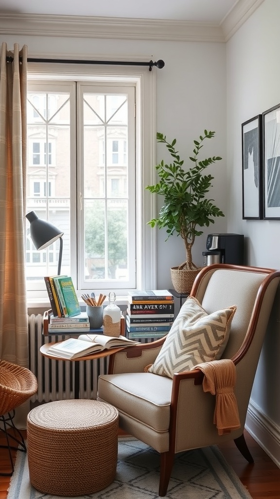 A cozy reading nook featuring a comfortable chair, a small coffee bar with books and a plant by the window.