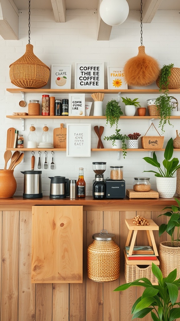 A cozy coffee bar with floating shelves, coffee jars, and decorative elements.