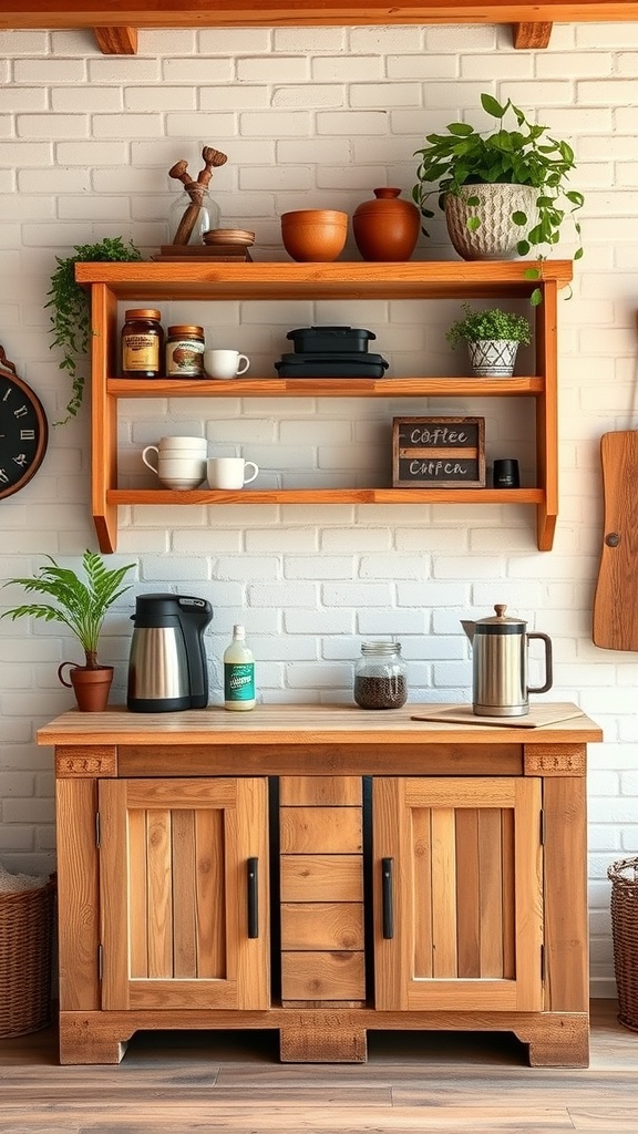 A rustic DIY pallet coffee bar with floating shelves, coffee maker, and decorative plants.