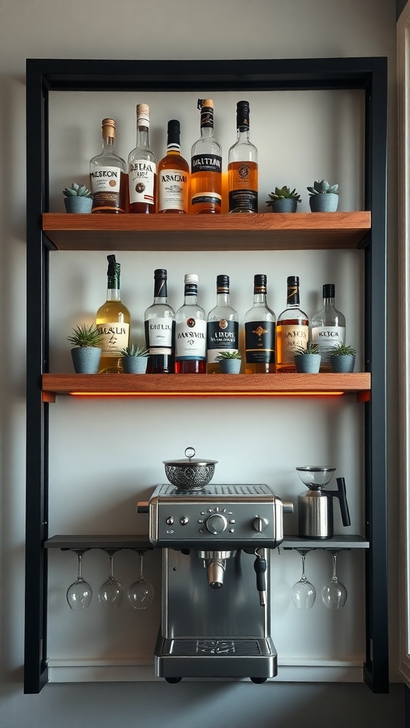 Dual-tier coffee and bar combo shelf with matte charcoal finish, featuring coffee machine and various bottles.