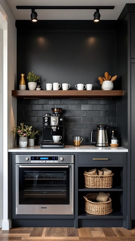 Modern coffee bar station with espresso machine and stylish decor.