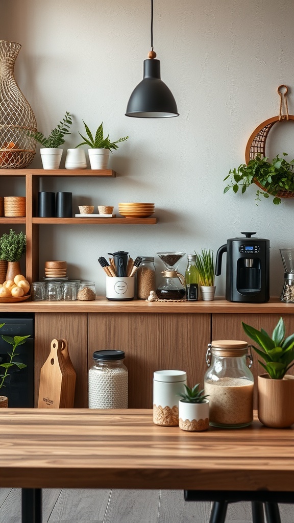 A stylish eco-friendly coffee bar setup with wooden shelves, plants, and coffee equipment.