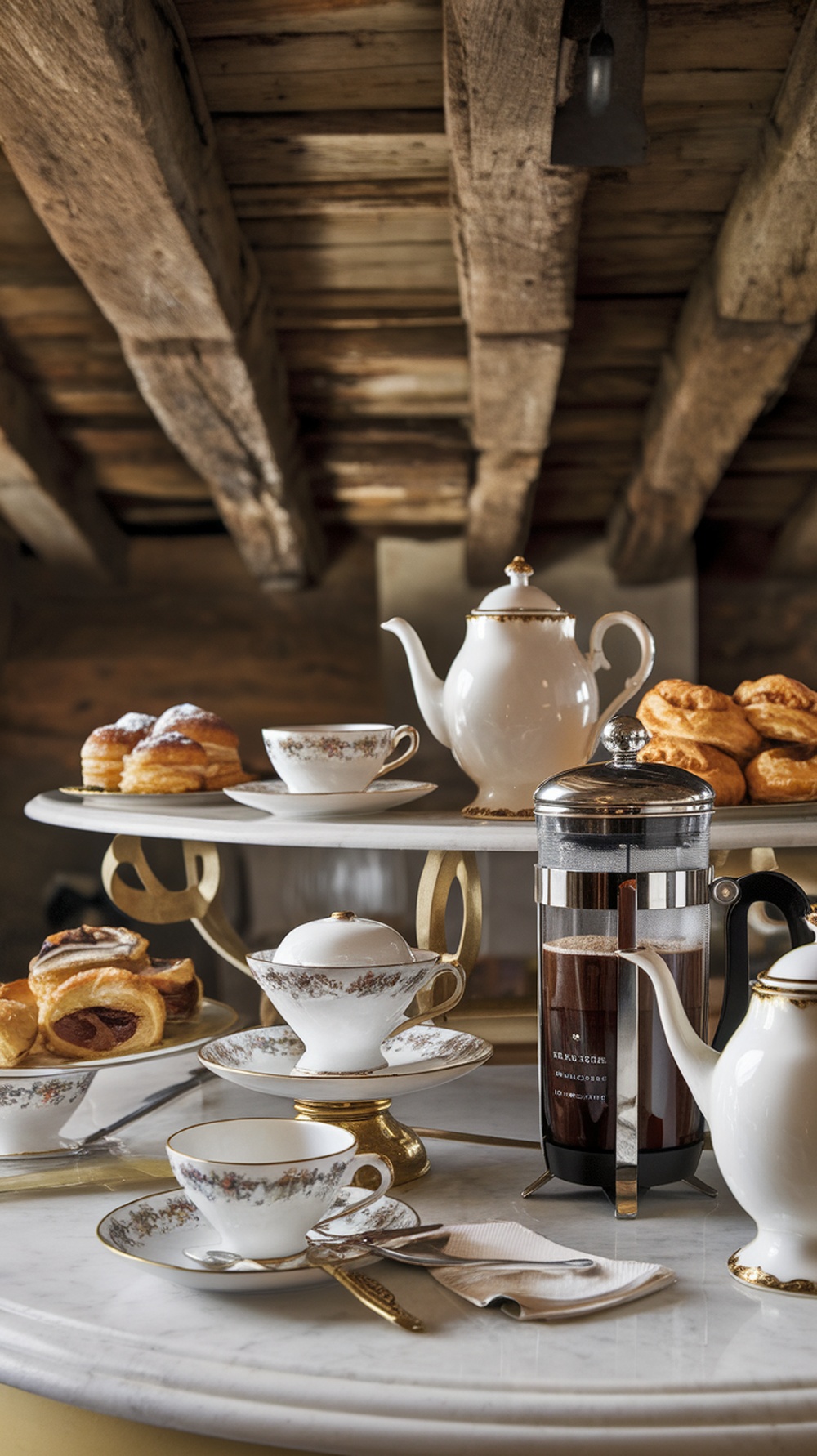 Elegant coffee bar setup with fine china and pastries