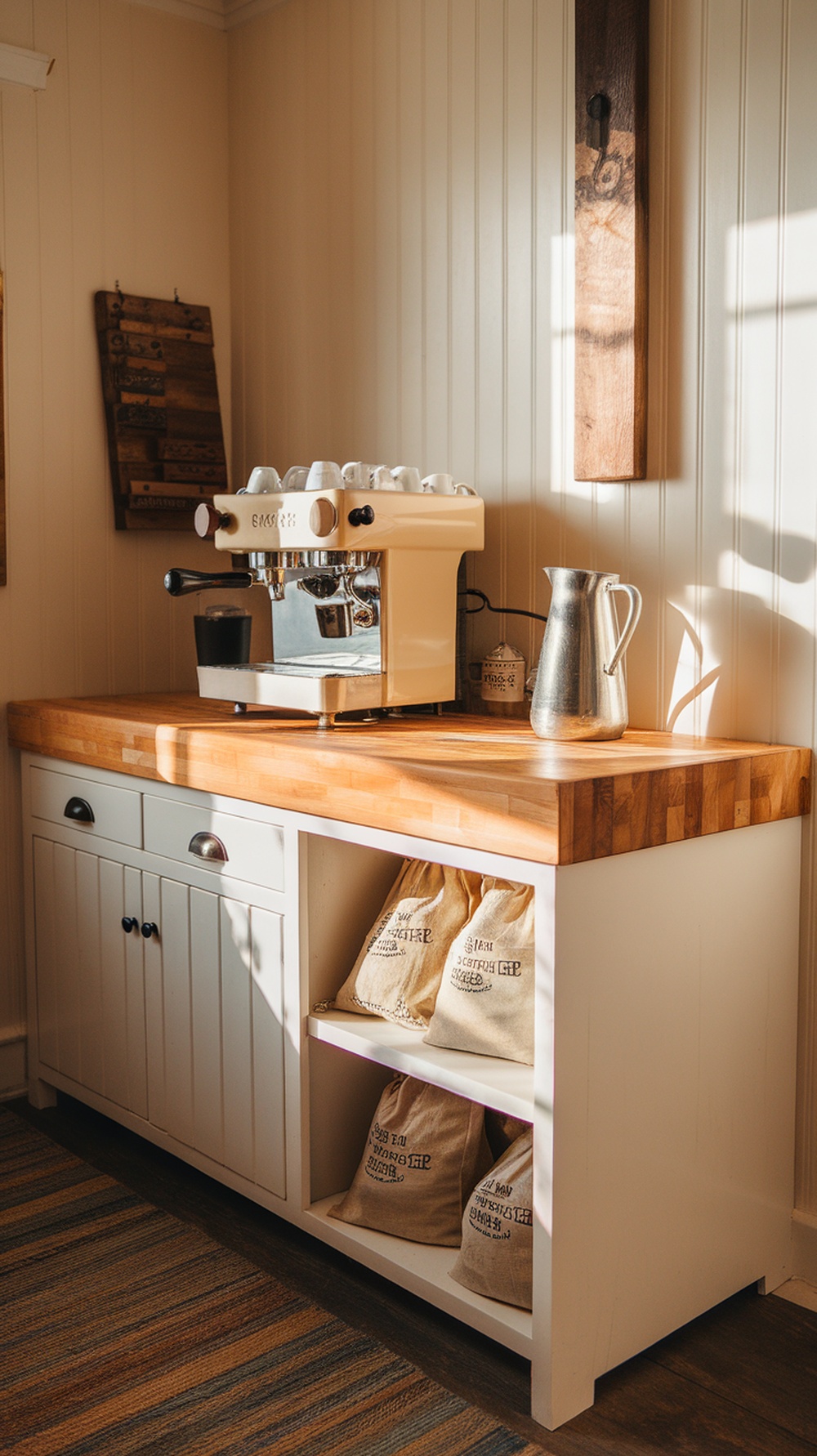 Farmhouse-inspired coffee bar station with butcher-block top and coffee machine.
