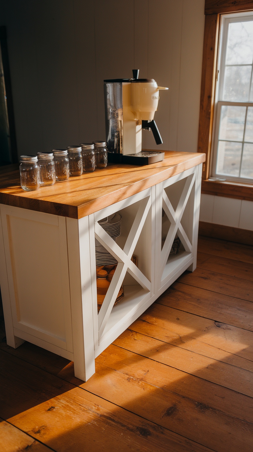 A farmhouse coffee bar with X-frame end panels, featuring a coffee machine and mason jars.