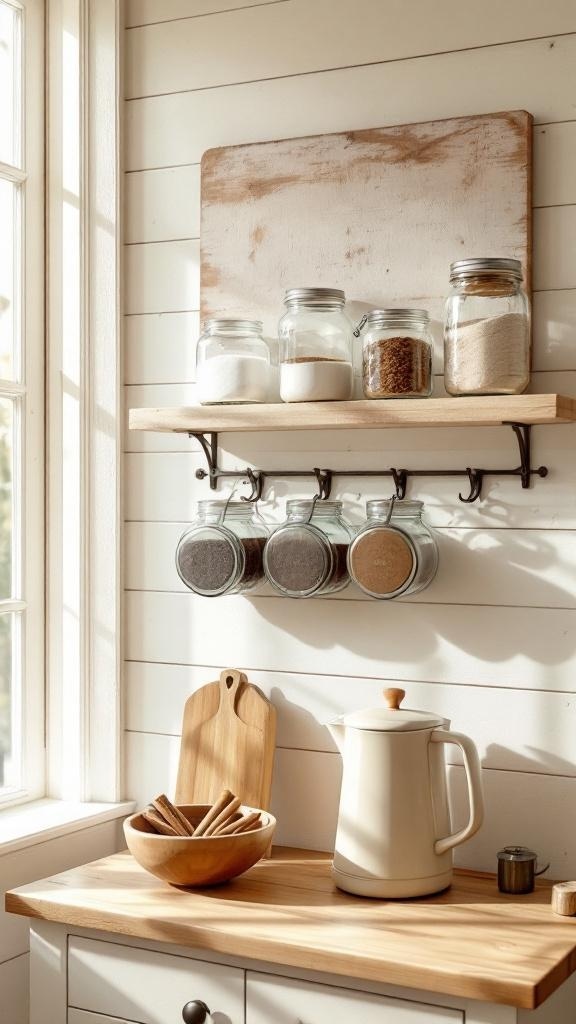 A farmhouse coffee bar with mason jars on a shelf and a wooden countertop.