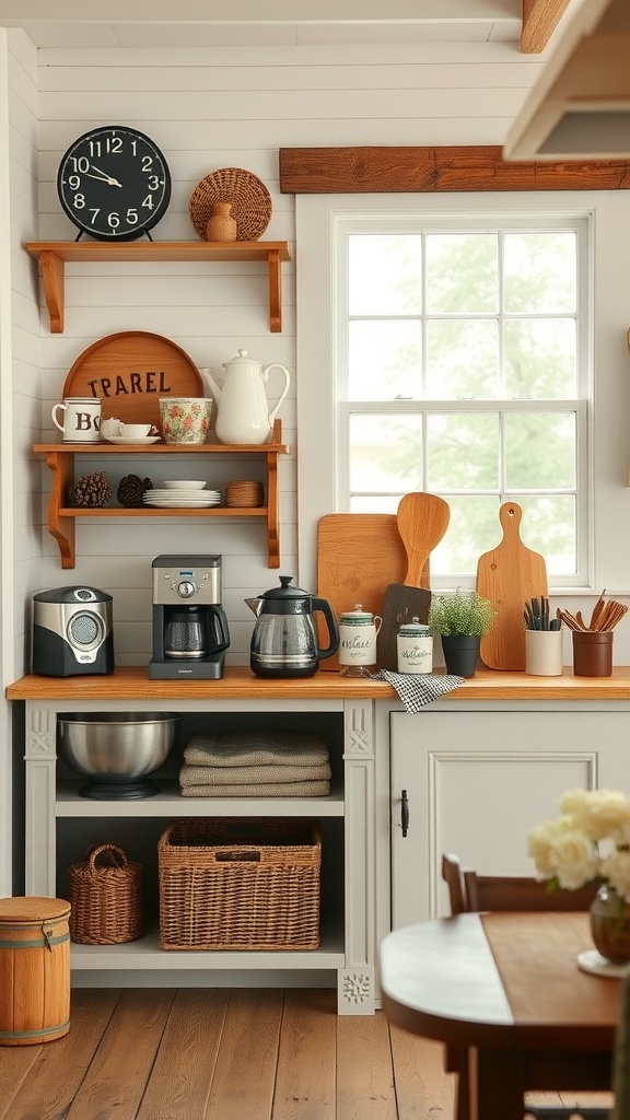 A cozy farmhouse-style coffee station with wooden shelves, coffee makers, and decorative items.