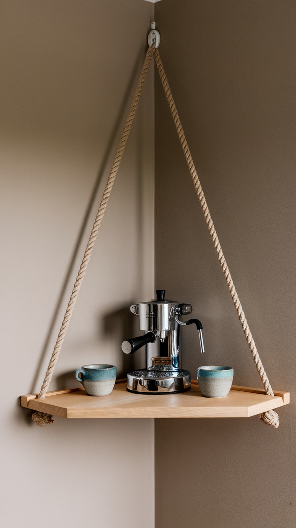 Floating corner coffee bar shelf with rope supports, featuring a coffee machine and cups.