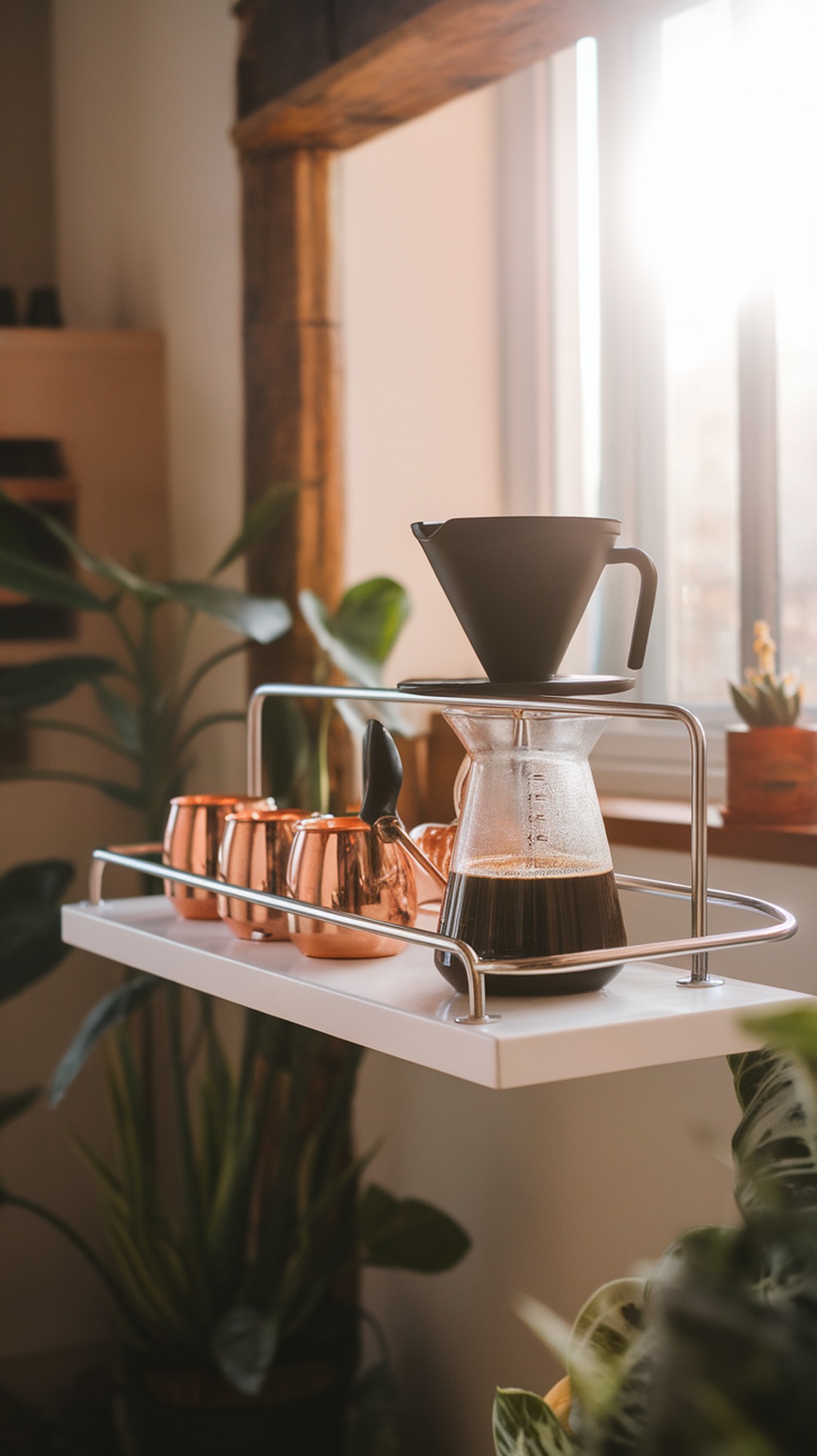 A stylish floating coffee station shelf with a coffee maker and copper mugs.