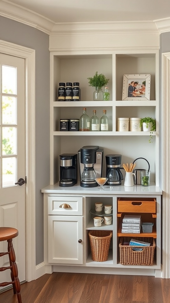 Functional coffee bar with built-in storage featuring coffee machines, jars, and decorative items.