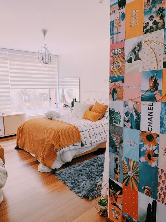 Bedroom with grid bedding