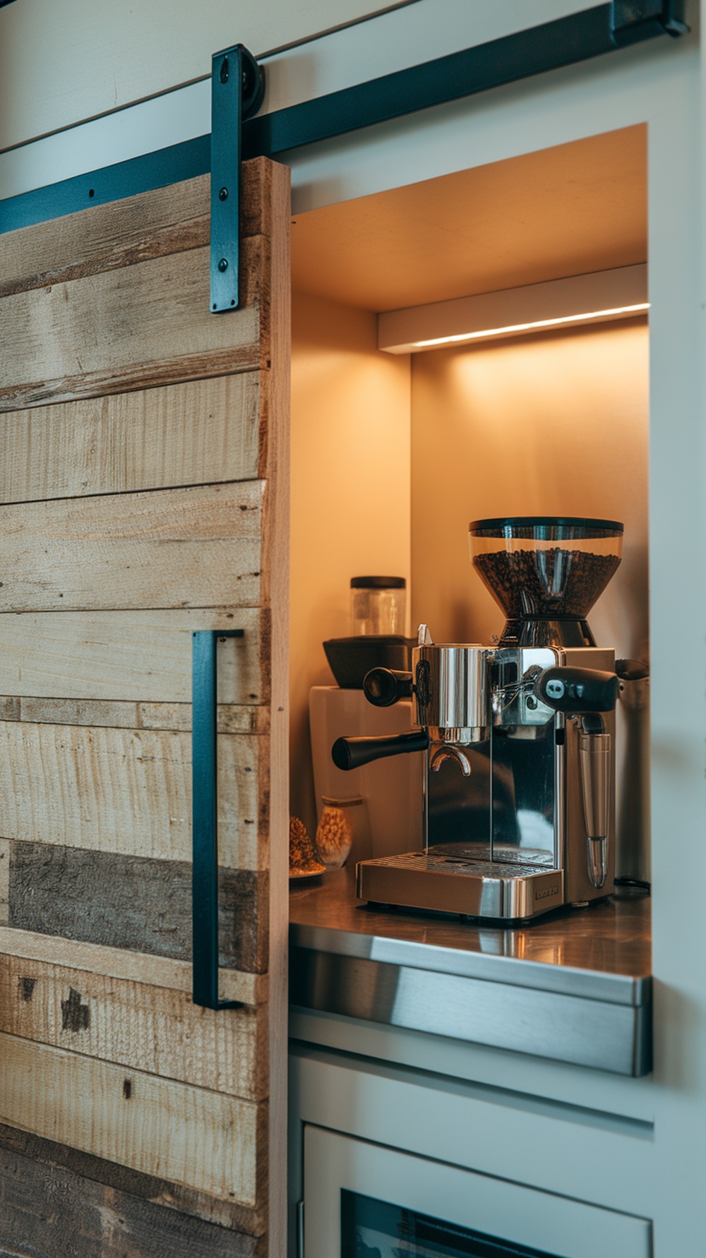 A hidden coffee bar station behind a sliding wood panel featuring an espresso machine and coffee grinder.