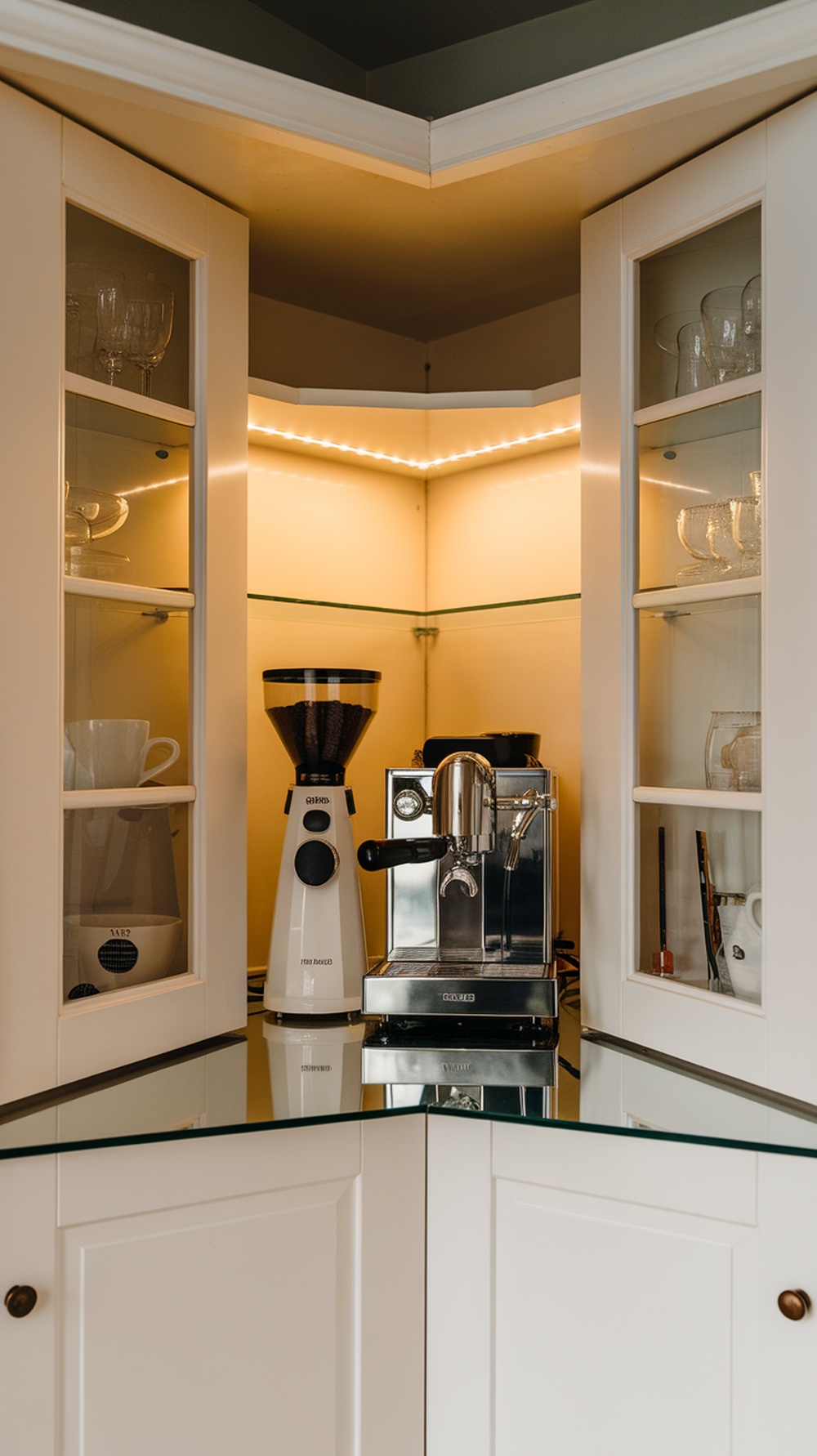 Corner cabinet with glass inserts featuring a coffee grinder and espresso machine.