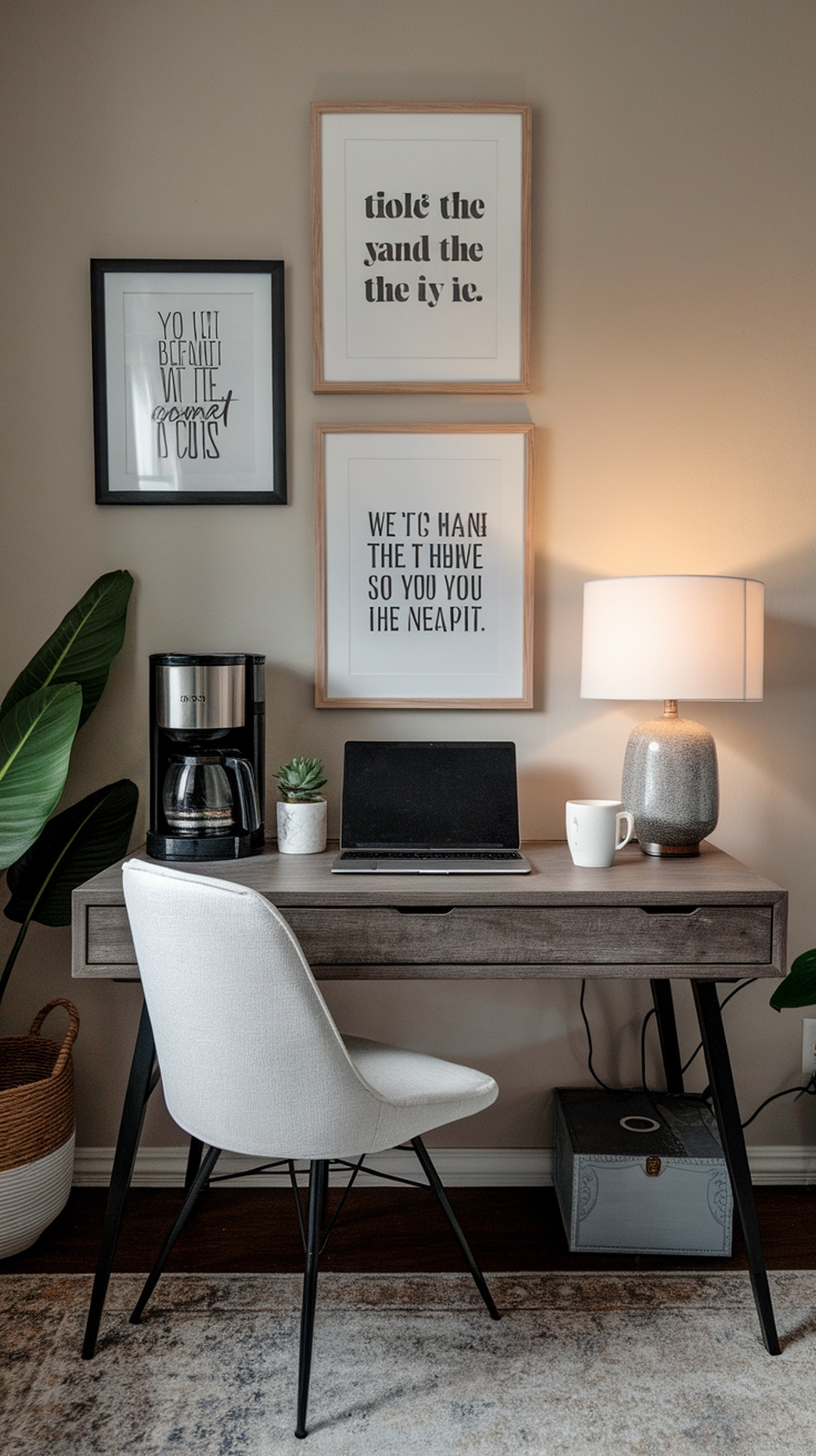 A cozy home office setup featuring a coffee maker, desk, and decorative wall art.