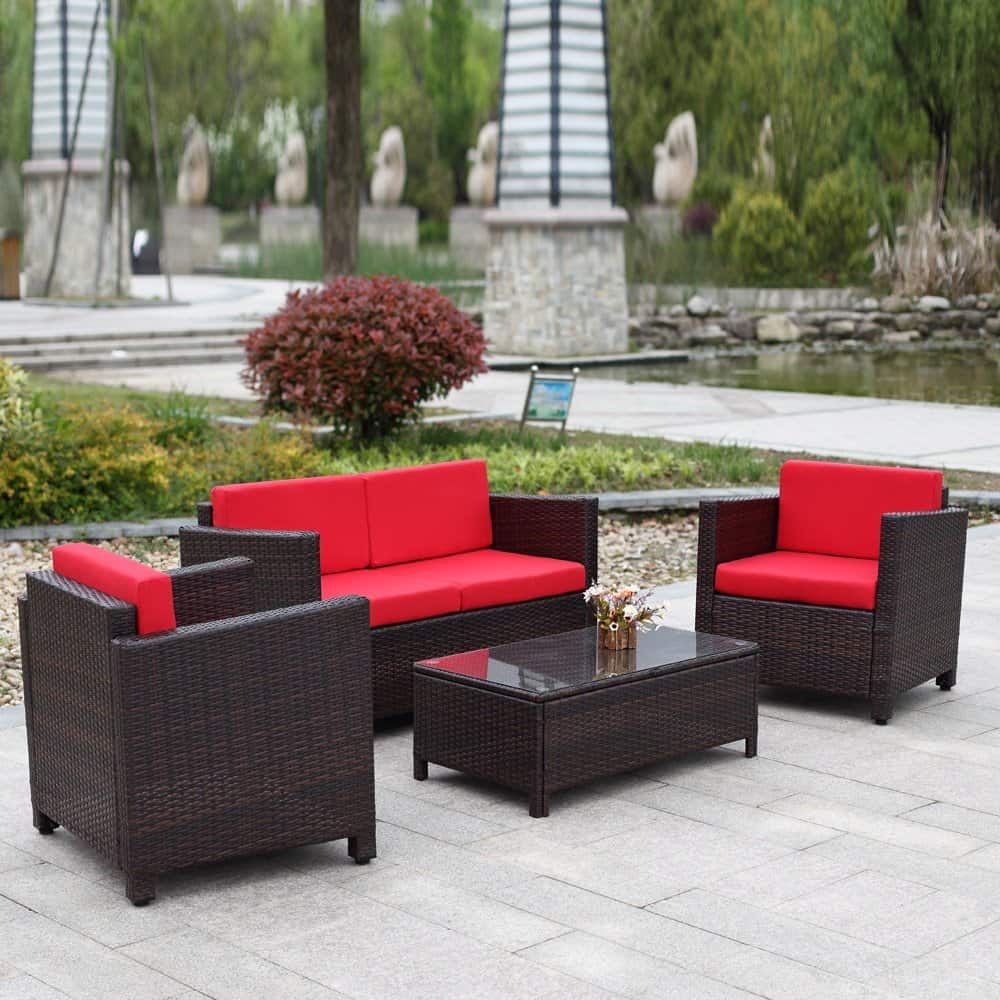 iKayaa 4PCS Patio Rattan Furniture Set Cushioned Outdoor Wicker Sofa Couch