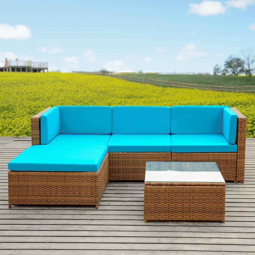 iKayaa 5PCS Rattan Wicker Patio Sofa Set Garden Furniture W Cushions Outdoor Corner Sectional Couch Set