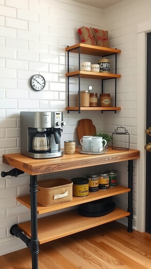 Industrial coffee bar with pipe-fitting legs and wooden shelves.