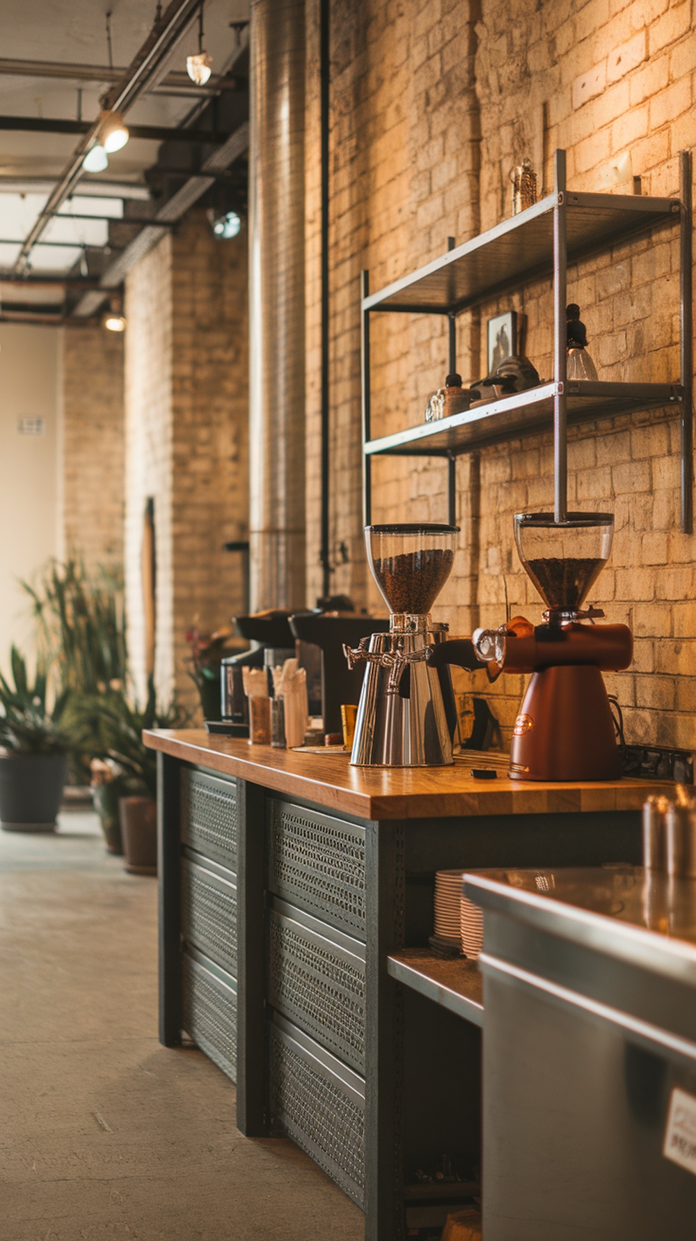 Industrial style coffee bar with metal and wood elements, exposed brick wall, and open shelving.