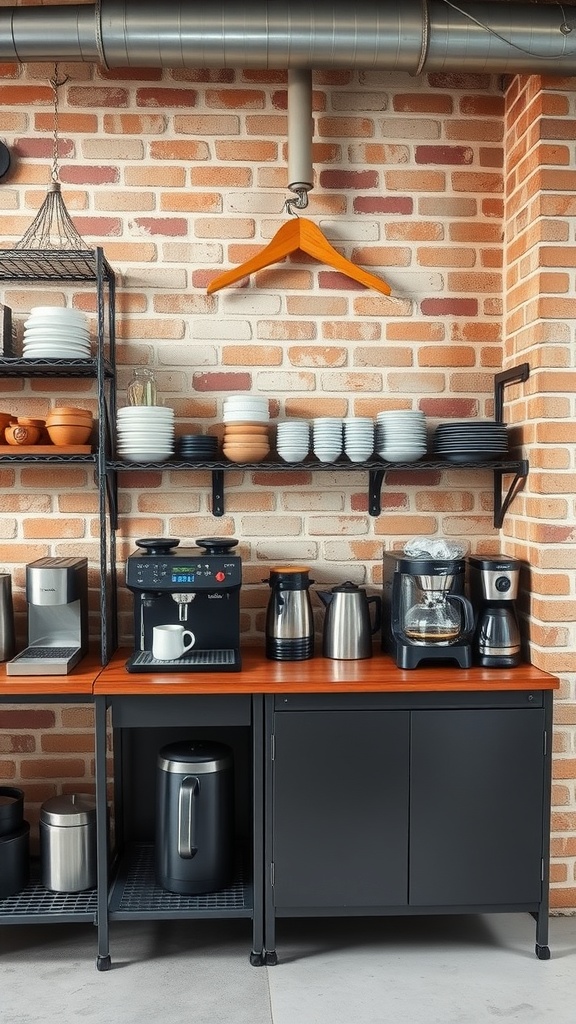 Industrial style coffee station with metal shelves and coffee machines