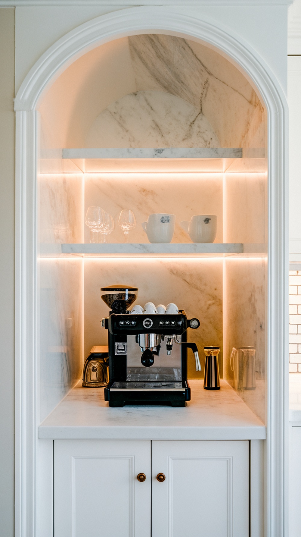 A marble-lined built-in coffee bar alcove featuring an espresso machine, glassware, and modern decor.