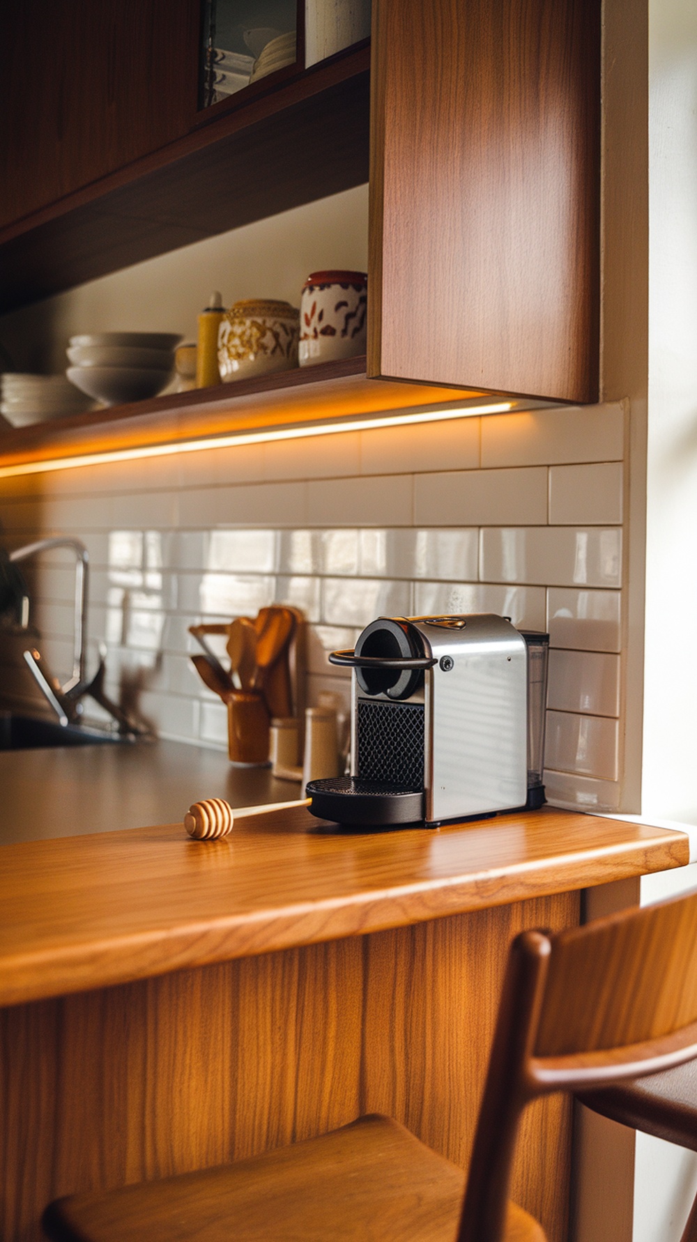 A stylish kitchen coffee bar with a Nespresso machine on a wooden countertop and floating shelves.