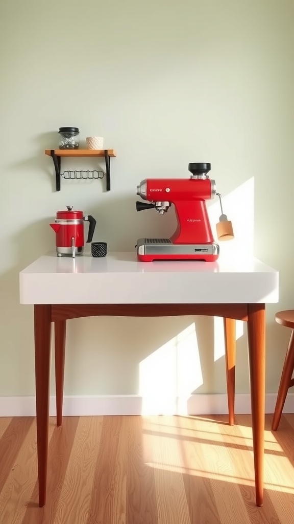 Mid-century modern coffee bar island with teak legs and espresso machine.