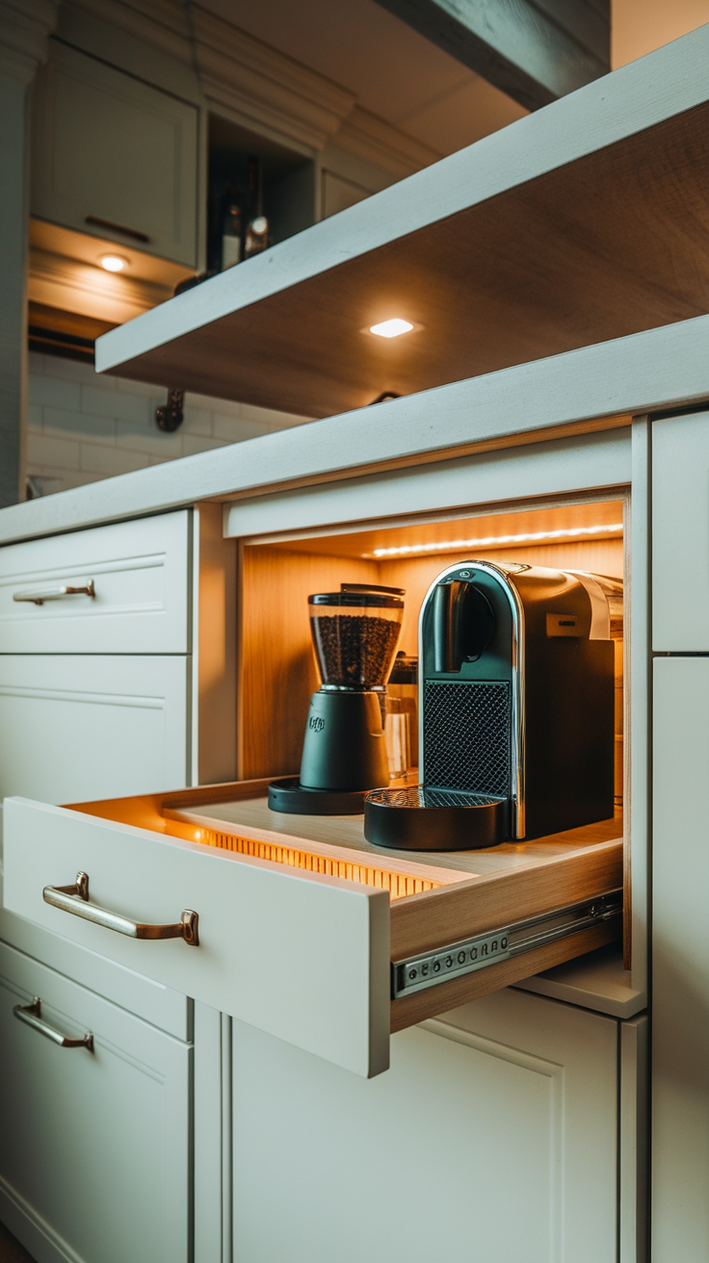 A minimal built-in coffee bar drawer under a breakfast bar featuring a coffee machine and grinder.