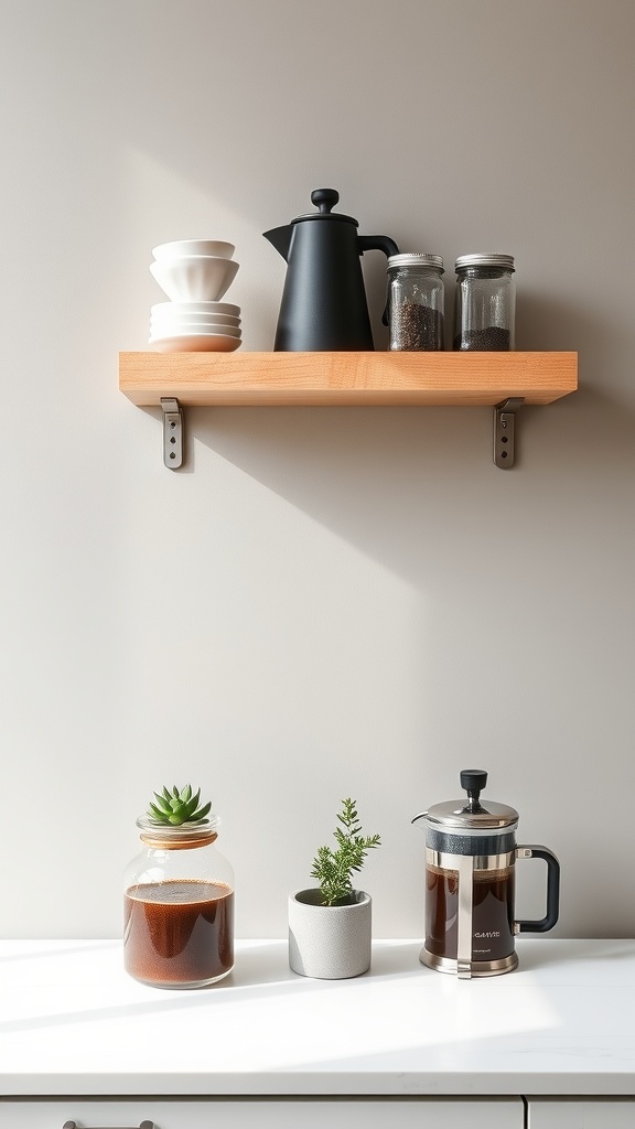 Minimalist coffee bar shelf with a black kettle, white cups, and plants above a white quartz counter.