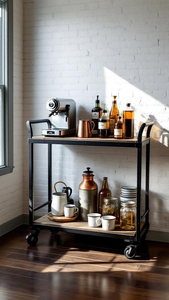A mobile coffee bar cart with an espresso machine and various coffee supplies on industrial casters.