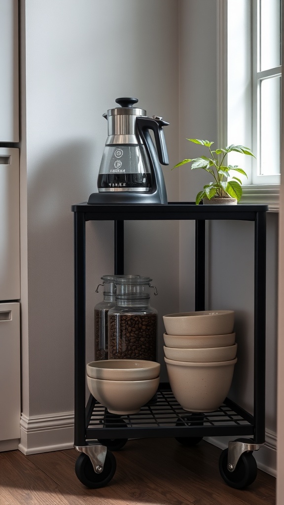 A mobile coffee bar station with a coffee maker, jars of coffee beans, and bowls on industrial-steel casters.